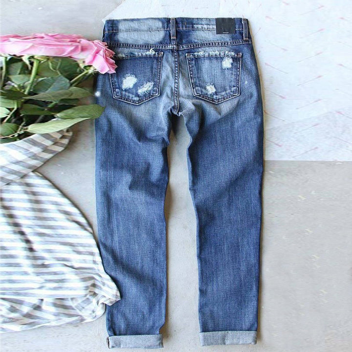 Women's Cherry Blossom Print Water Washed Hole Loose Wide Leg Jeans