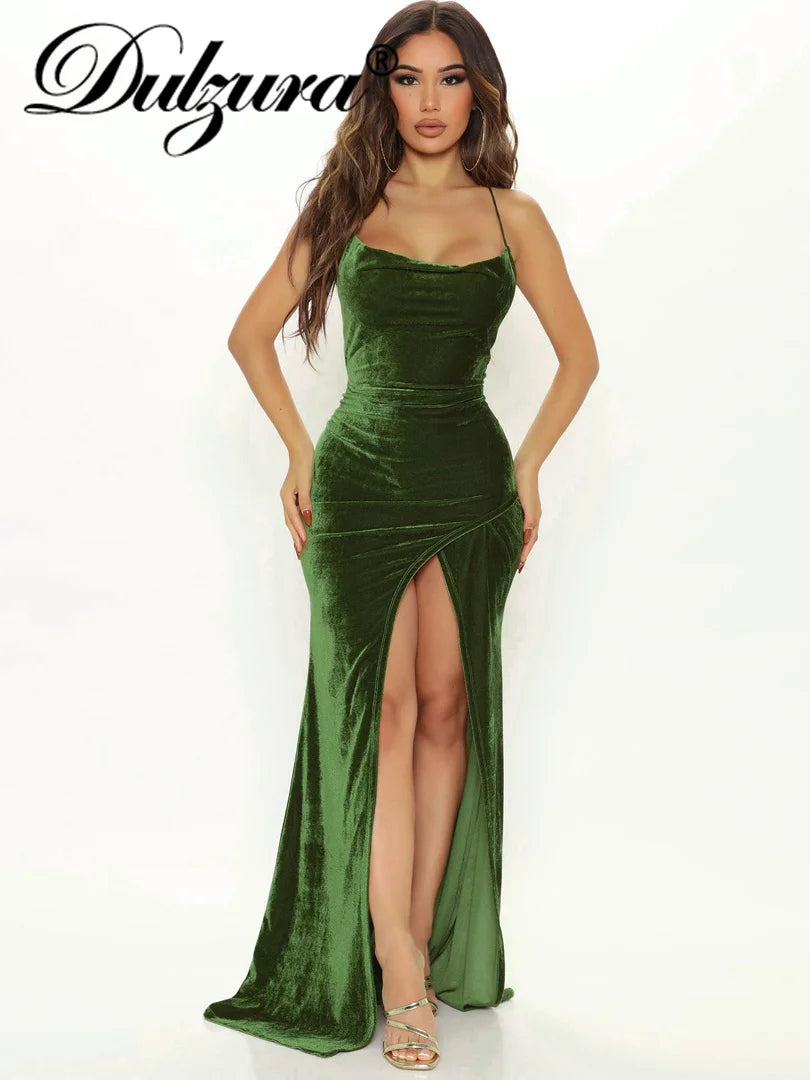 Sultry and Stylish Velvet Maxi Dress with Lace-Up Sides and Backless Cut-Out