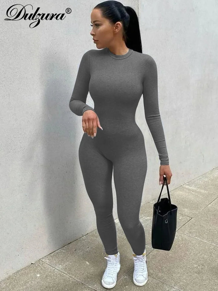 Solid Ribbed Long Sleeve O-Neck Jumpsuit For Women