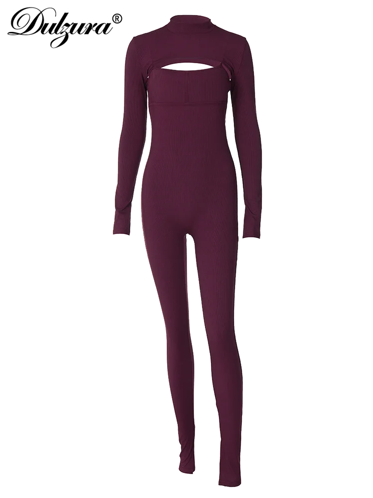 Versatile and Stylish Ribbed Jumpsuit with Half Turtleneck and Long Sleeves