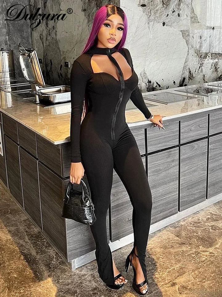 Zipper Jumpsuit with Sexy Cut-Outs and Long Sleeves