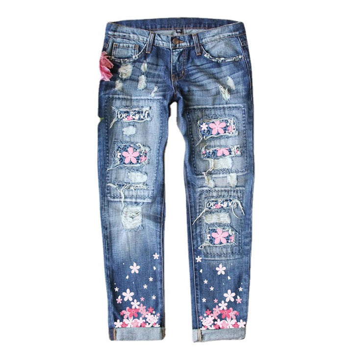 Women's Cherry Blossom Print Water Washed Hole Loose Wide Leg Jeans